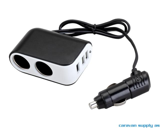 12V adapter uni plugg --> 2 x uni + USB m/LEDlys