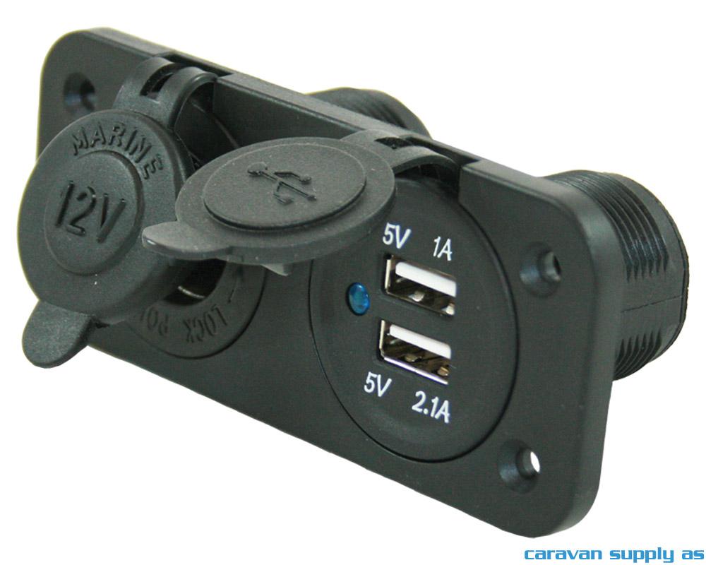12V stikkontakt + 2 x USB lader 1A+2,1A innbygging