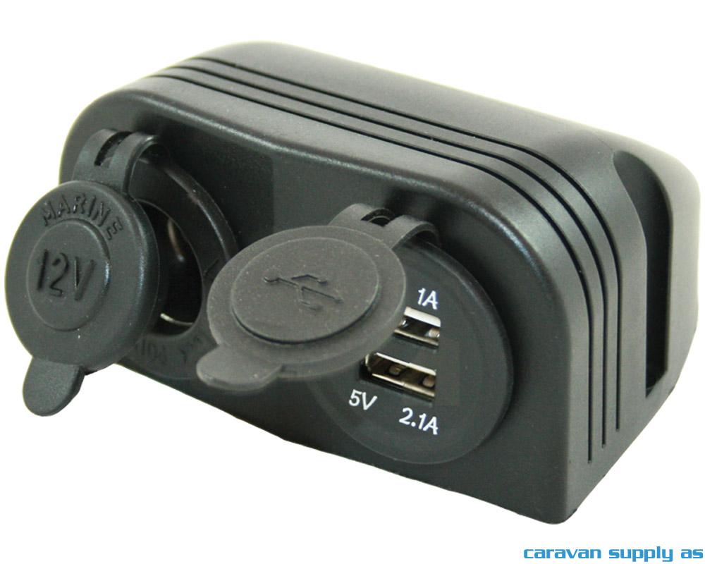 12V stikkontakt + 2 x USB lader 1A+2,1A utenpåligg