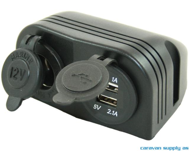 12V stikkontakt + 2 x USB lader 1A+2,1A utenpåligg